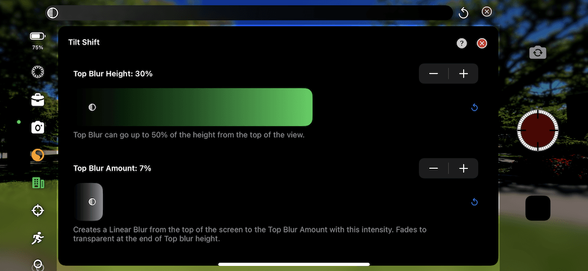 Tilt shift settings interface