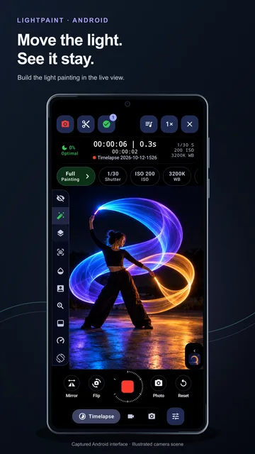 LightPaint Android camera with an illustrated light-painting performance
