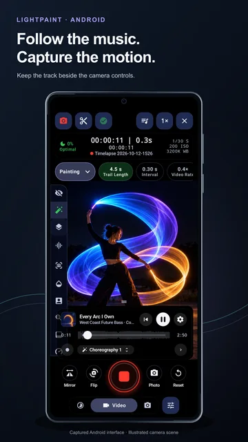LightPaint Android Perform to a Track camera and music controls