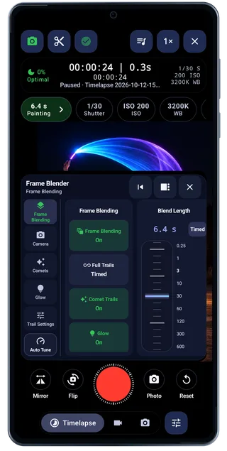 LightPaint Android: Camera frame blender, with an illustrated camera scene beneath the captured controls