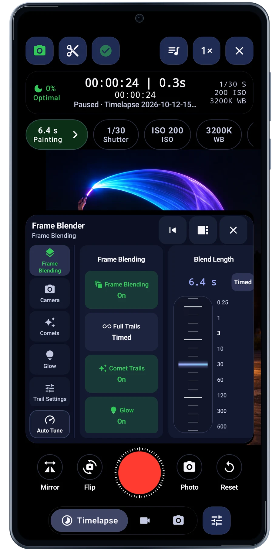 LightPaint Android: Camera frame blender, with an illustrated camera scene beneath the captured controls