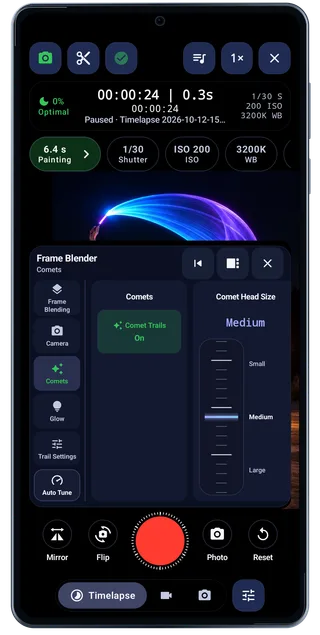 LightPaint Android: Camera comets, with an illustrated camera scene beneath the captured controls