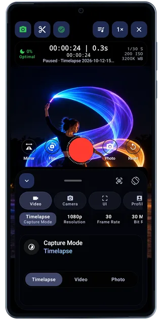LightPaint Android: Camera controls sheet, with an illustrated camera scene beneath the captured controls