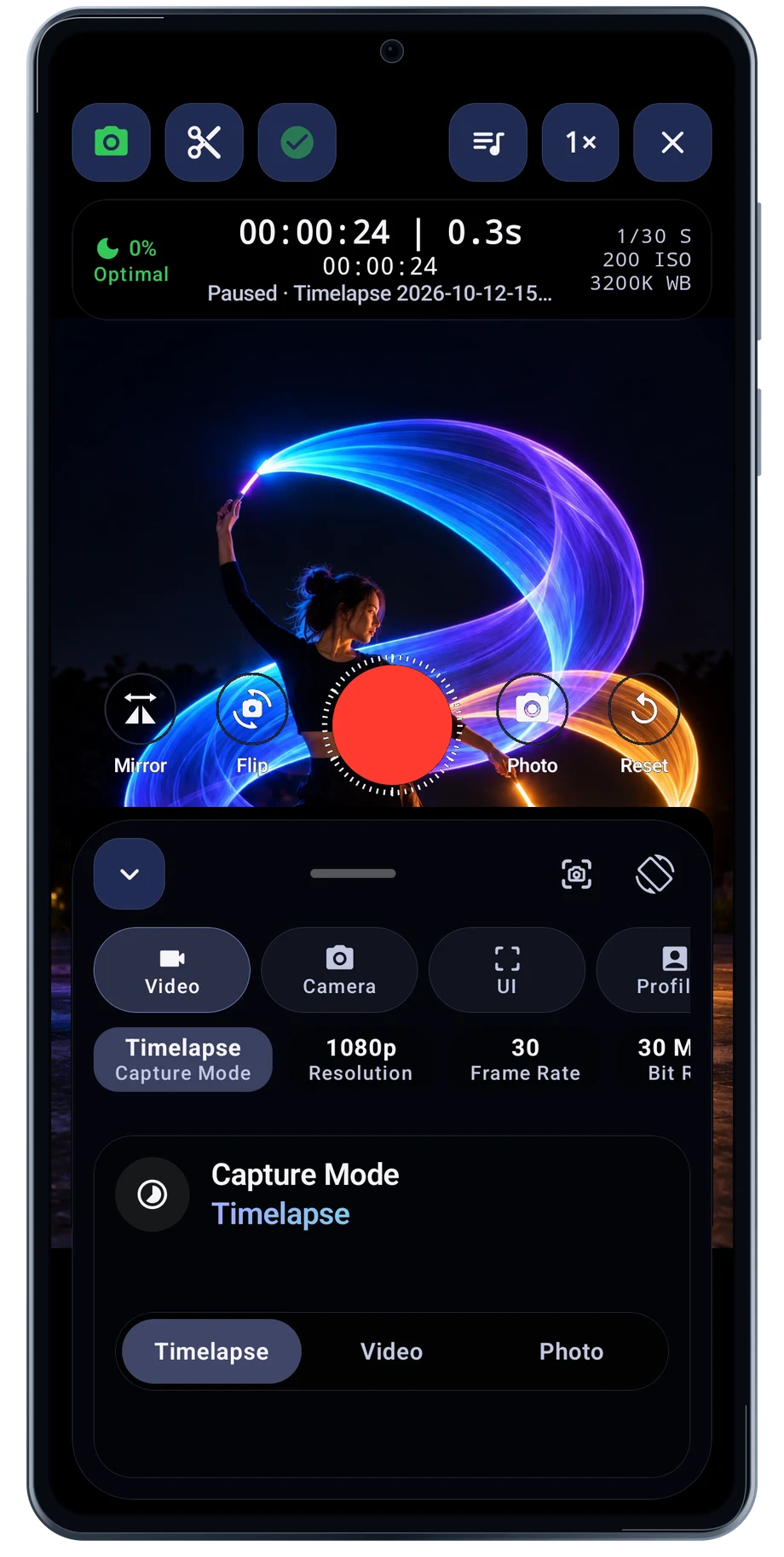 LightPaint Android: Camera controls sheet, with an illustrated camera scene beneath the captured controls