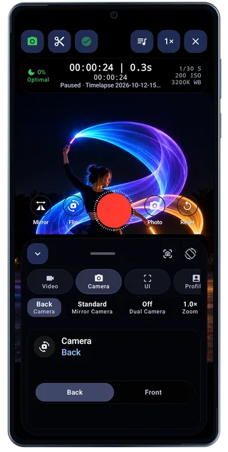 LightPaint Android: Camera controls camera, with an illustrated camera scene beneath the captured controls
