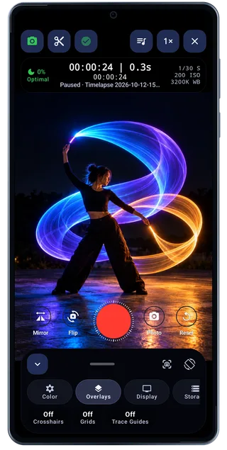 LightPaint Android: Camera overlays, with an illustrated camera scene beneath the captured controls
