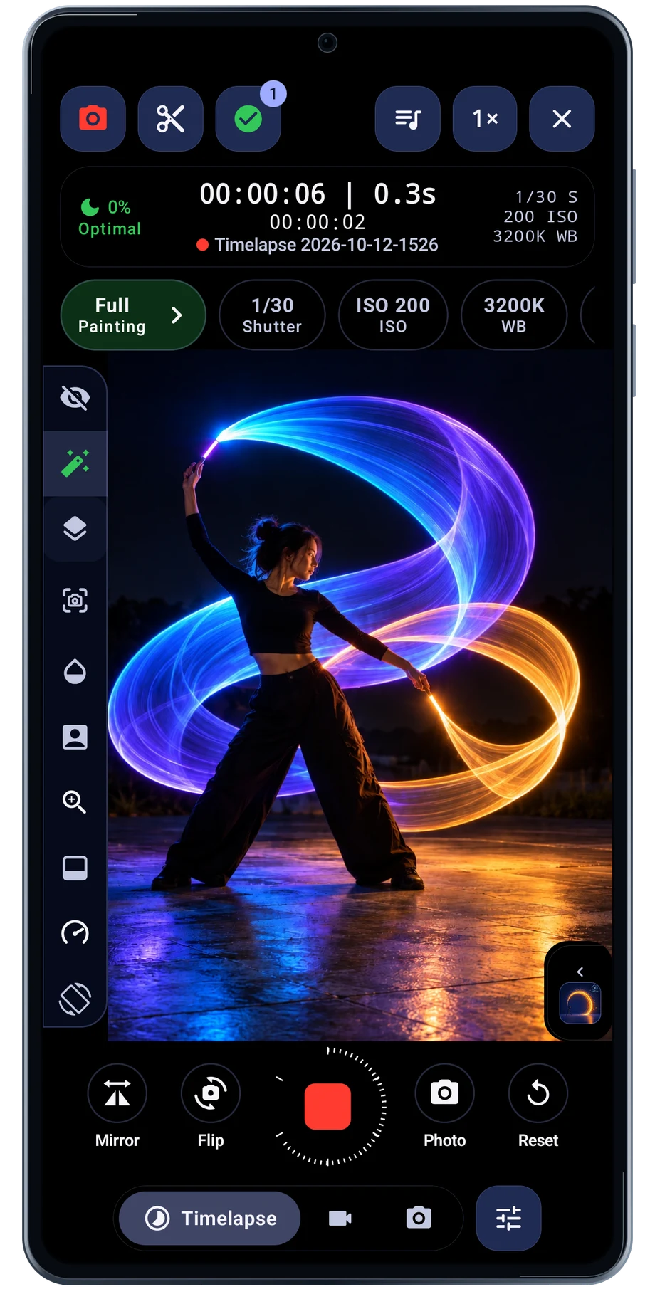 LightPaint Android: Camera timelapse recording, with an illustrated camera scene beneath the captured controls