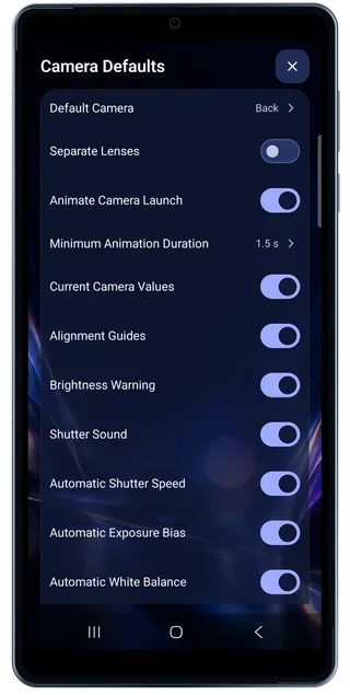 LightPaint Android: Settings camera defaults