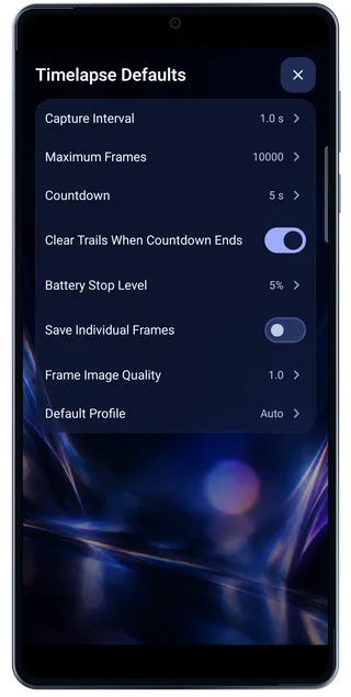 LightPaint Android: Settings timelapse defaults