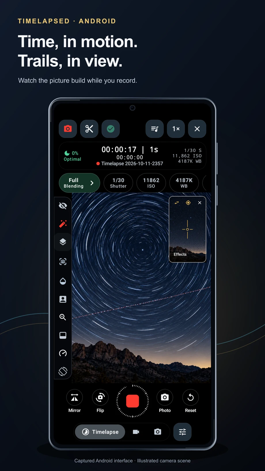 TimeLapsed Android recording illustrated star and aircraft trails