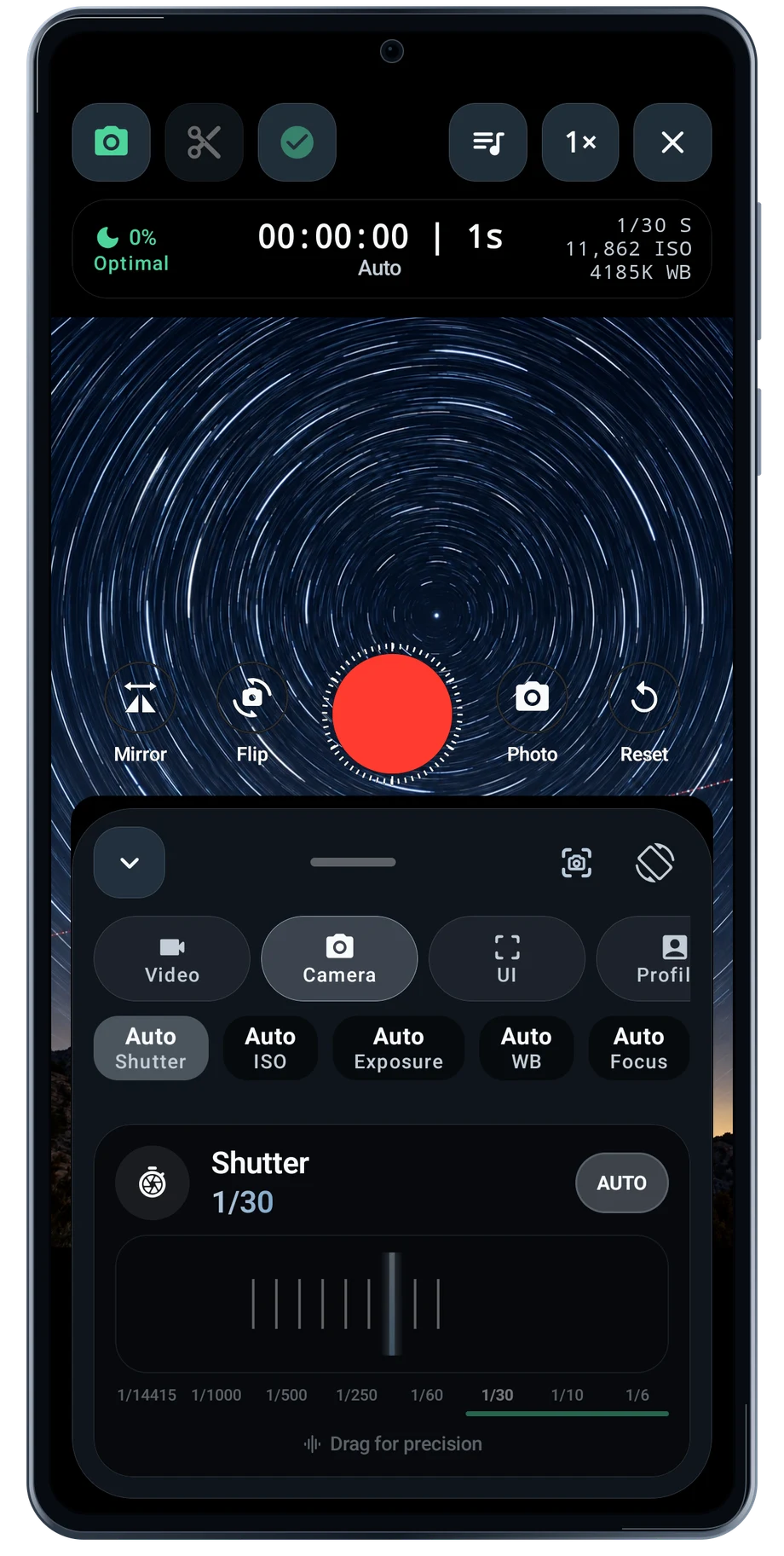 TimeLapsed Android: Camera shutter, with an illustrated camera scene beneath the captured controls