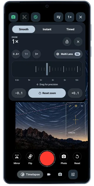 TimeLapsed Android: Camera zoom panel, with an illustrated camera scene beneath the captured controls