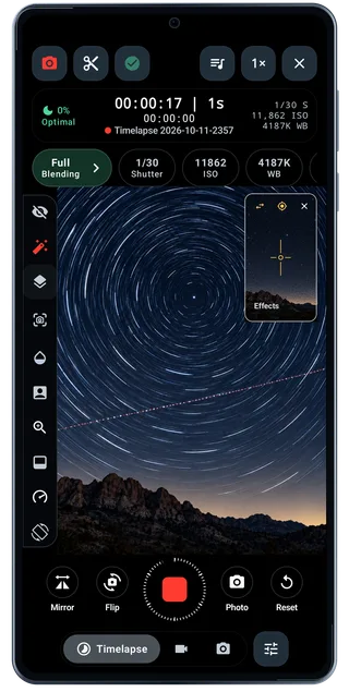 TimeLapsed Android: Camera timelapse recording, with an illustrated camera scene beneath the captured controls