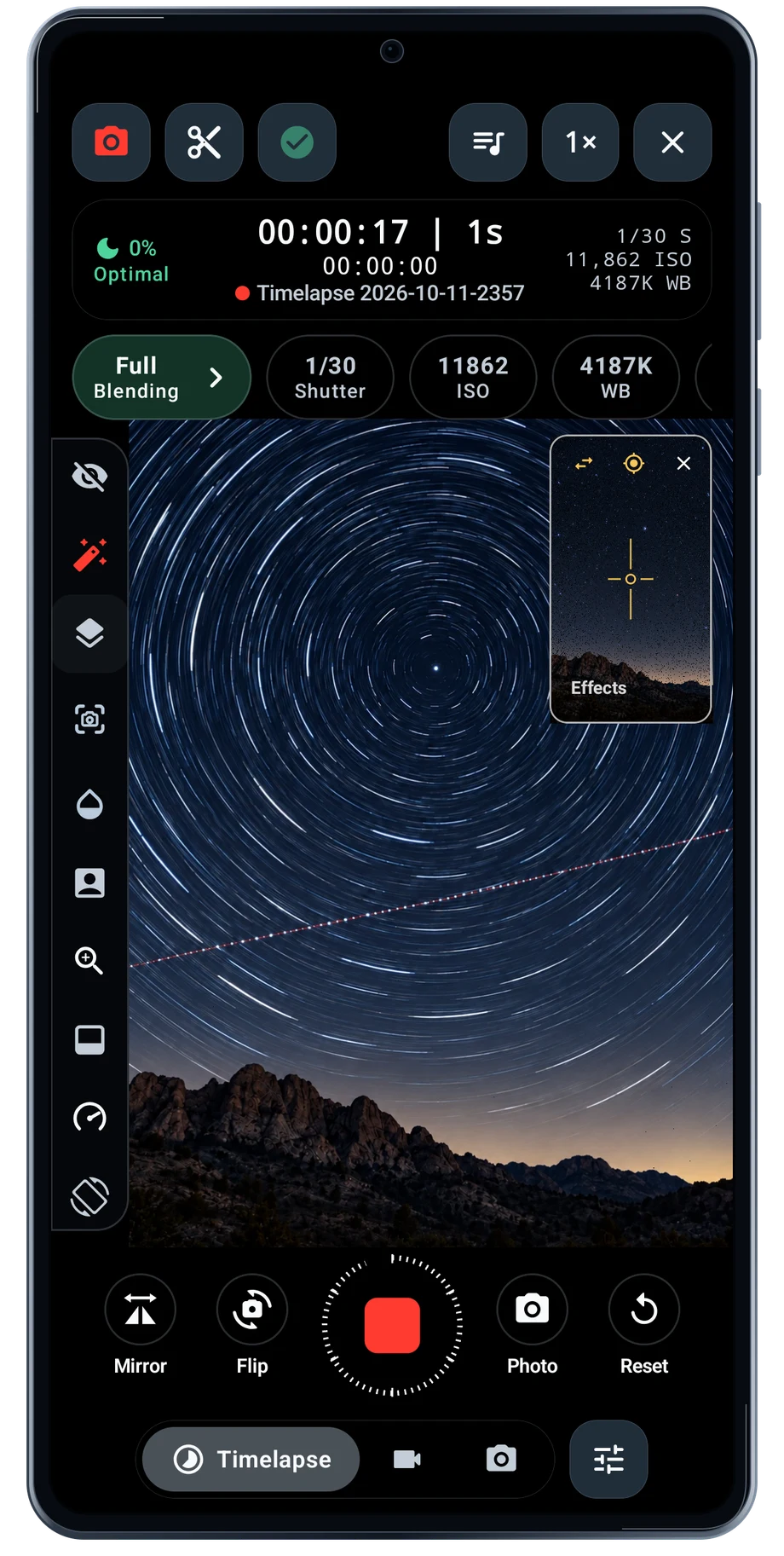 TimeLapsed Android: Camera timelapse recording, with an illustrated camera scene beneath the captured controls
