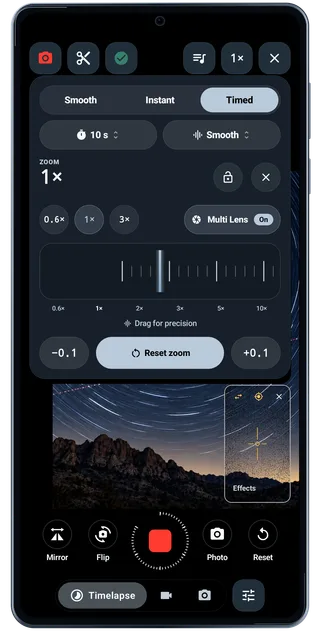 TimeLapsed Android: Camera recording timed zoom, with an illustrated camera scene beneath the captured controls