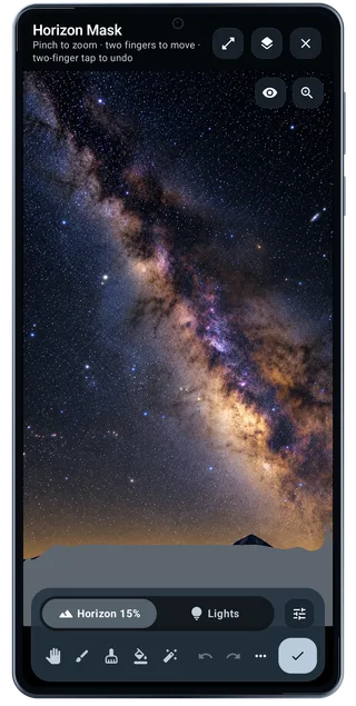 TimeLapsed Android: Horizon mask editor, with an illustrated camera scene beneath the captured controls