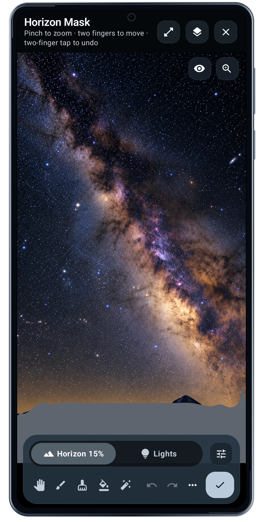 TimeLapsed Android: Horizon mask editor, with an illustrated camera scene beneath the captured controls