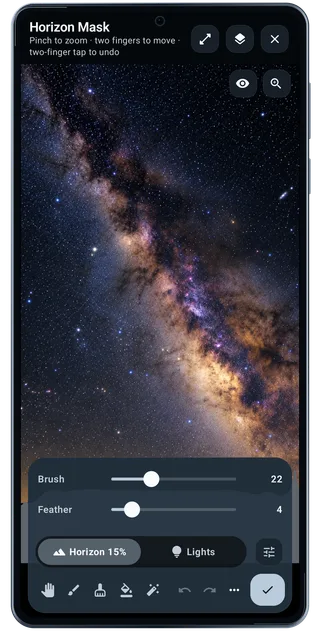 TimeLapsed Android: Horizon mask brush settings, with an illustrated camera scene beneath the captured controls