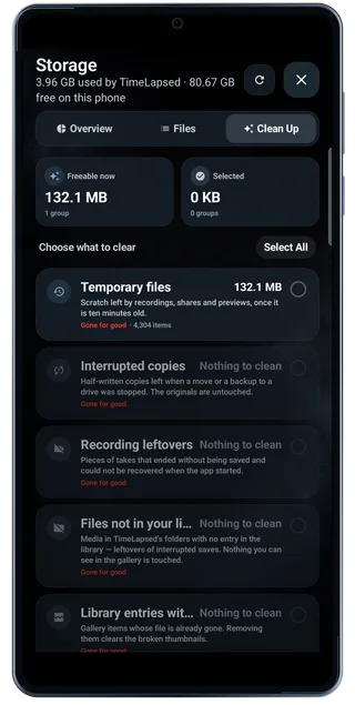 TimeLapsed Android: Storage clean up