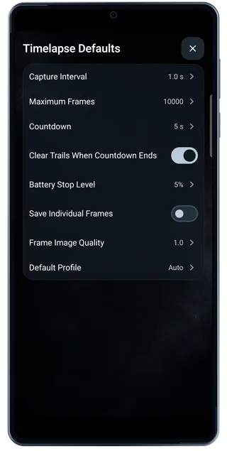 TimeLapsed Android: Settings timelapse defaults
