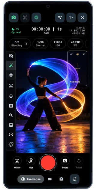 TimeLapsed Android: Camera timelapse idle, with an illustrated camera scene beneath the captured controls