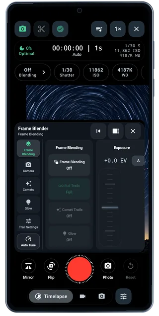 TimeLapsed Android: Camera frame blender, with an illustrated camera scene beneath the captured controls