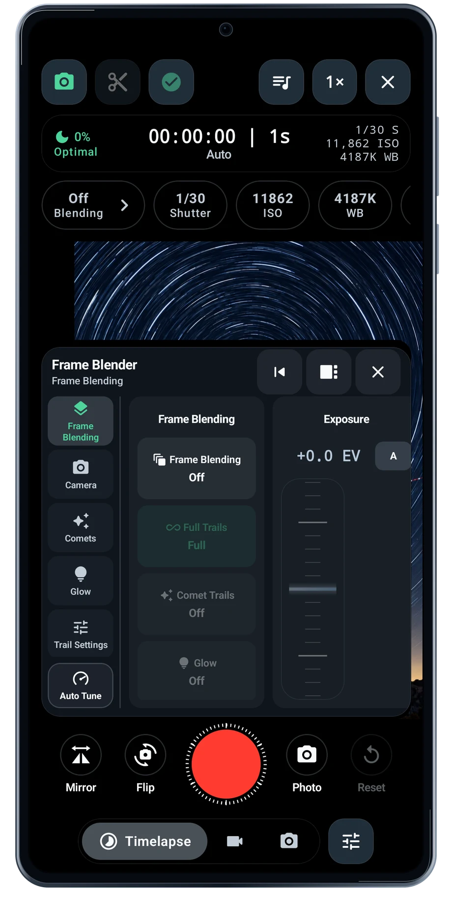 TimeLapsed Android: Camera frame blender, with an illustrated camera scene beneath the captured controls