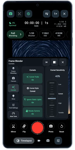 TimeLapsed Android: Camera comets, with an illustrated camera scene beneath the captured controls