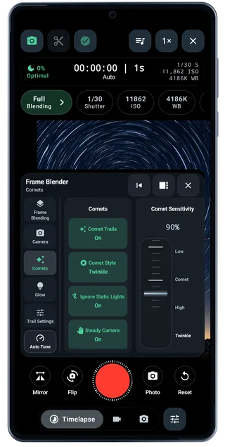TimeLapsed Android: Camera comet style, with an illustrated camera scene beneath the captured controls