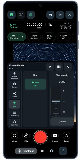 TimeLapsed Android: Camera glow, with an illustrated camera scene beneath the captured controls