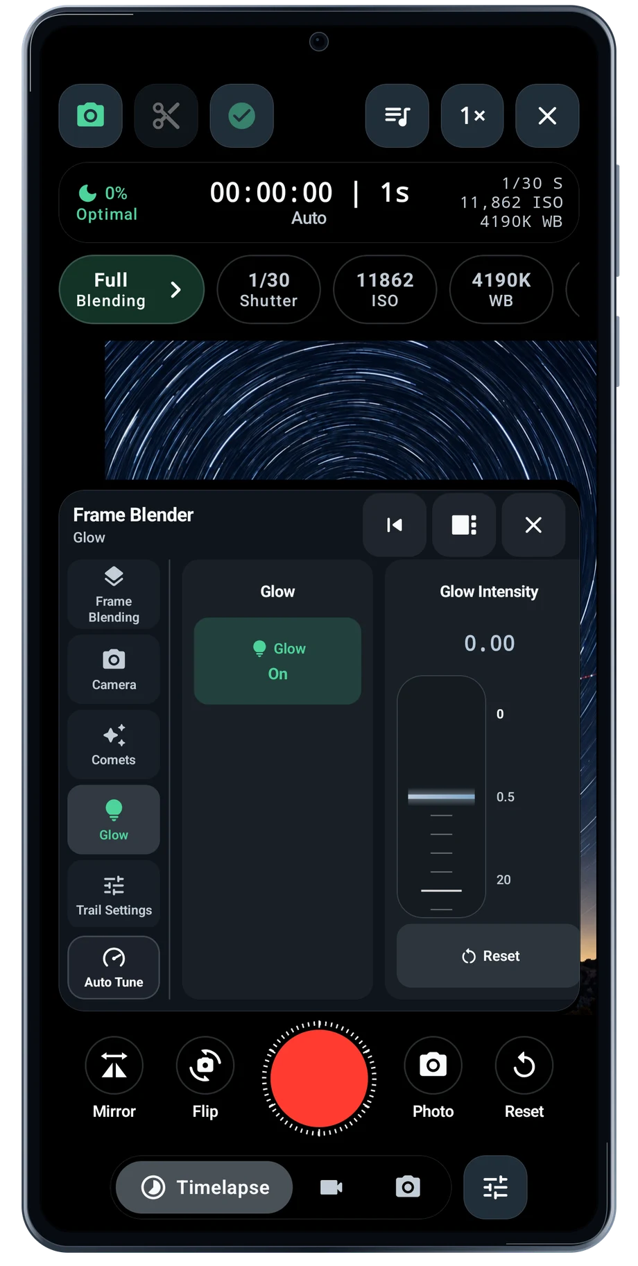 TimeLapsed Android: Camera glow, with an illustrated camera scene beneath the captured controls