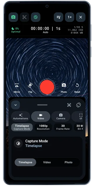 TimeLapsed Android: Camera controls sheet, with an illustrated camera scene beneath the captured controls