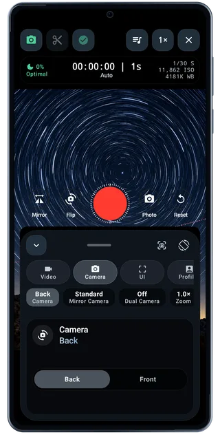 TimeLapsed Android: Camera controls camera, with an illustrated camera scene beneath the captured controls