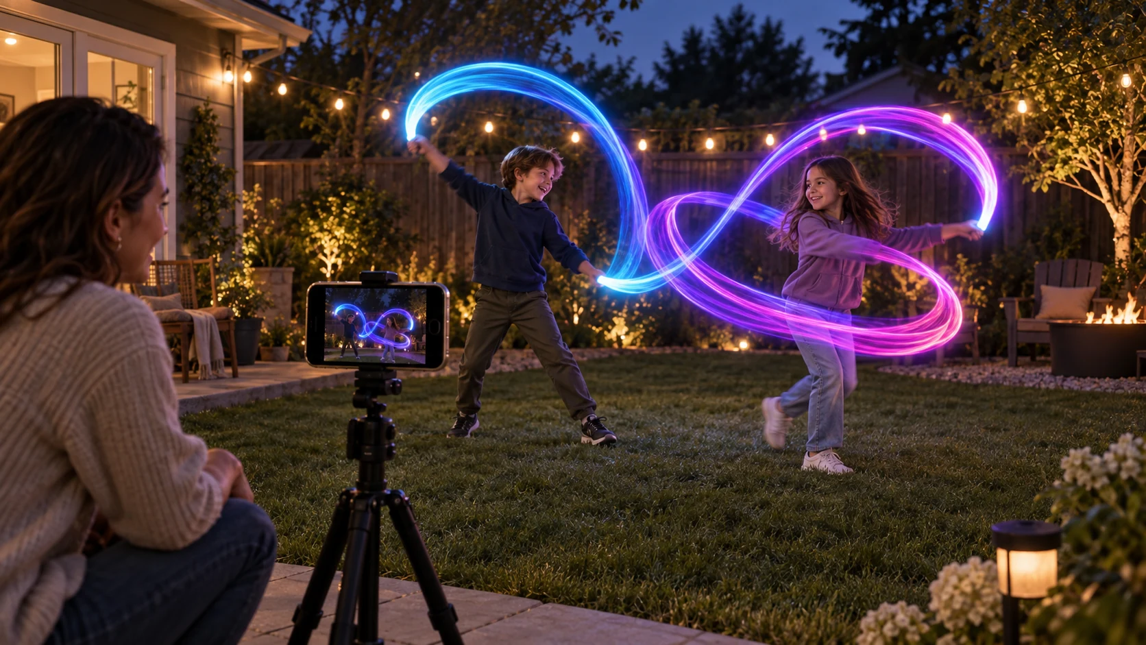 Two children making colorful light paintings in a backyard while a parent watches the tripod-mounted iPhone capture