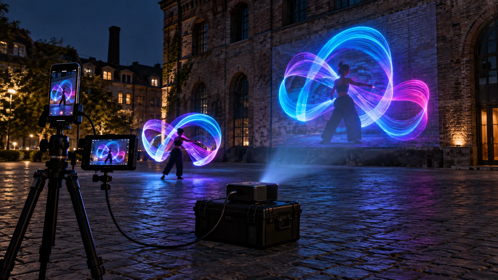 An iPhone on a tripod wired to a field monitor and portable projector while a light painting is projected across a brick building