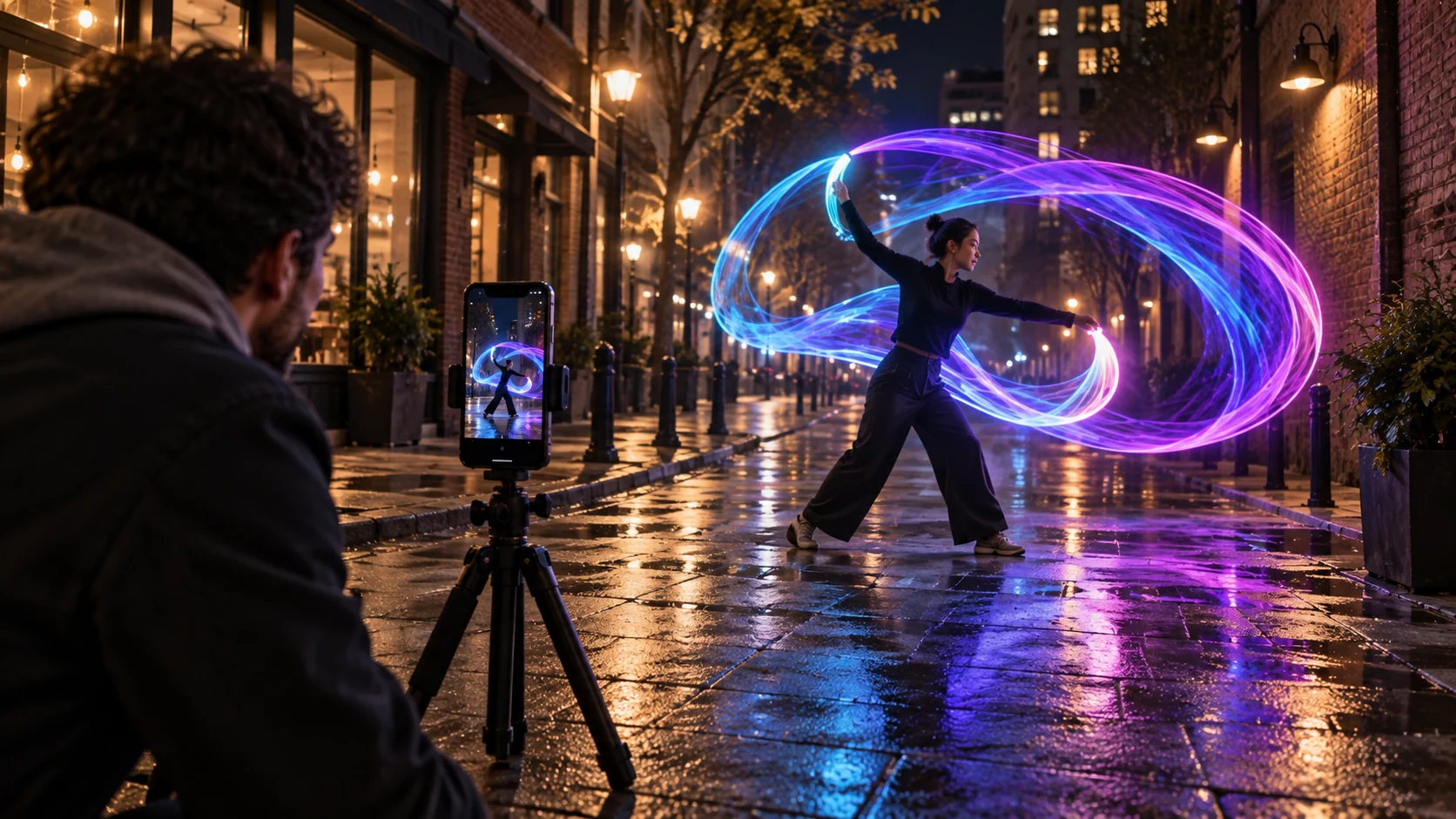 A street artist creating cyan and violet light trails in front of a tripod-mounted iPhone at night