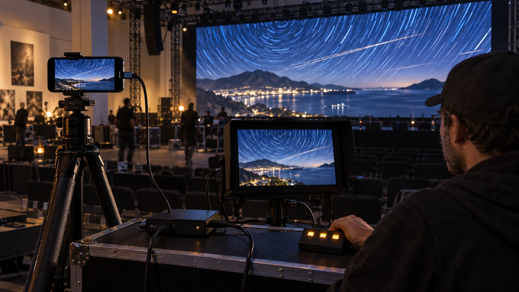 A tripod-mounted iPhone wired through production equipment to a field monitor and a large LED wall showing a star-trail timelapse