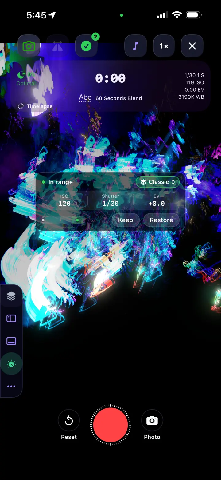 LightPaint Auto Tune showing ISO, shutter, EV, and Keep and Restore controls