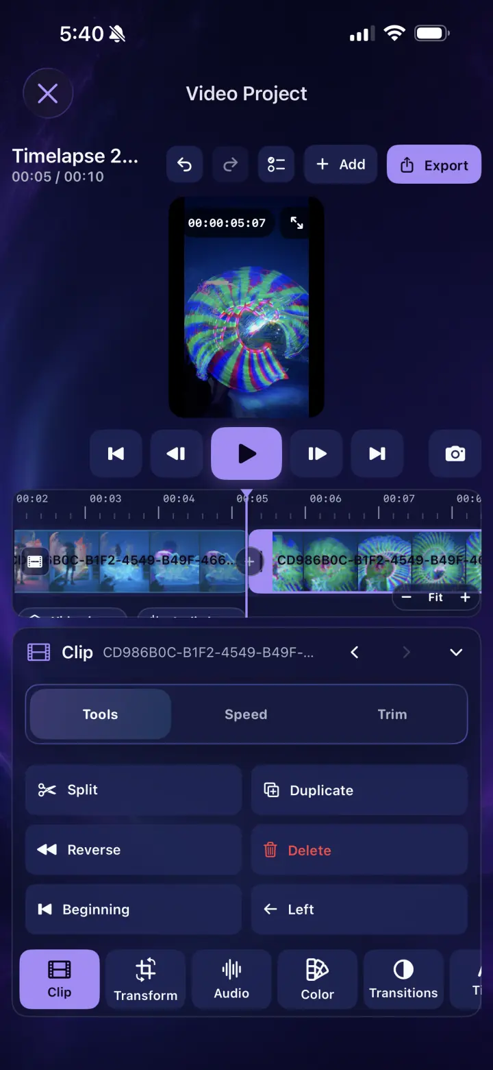 LightPaint clip tools including split, duplicate, and reverse