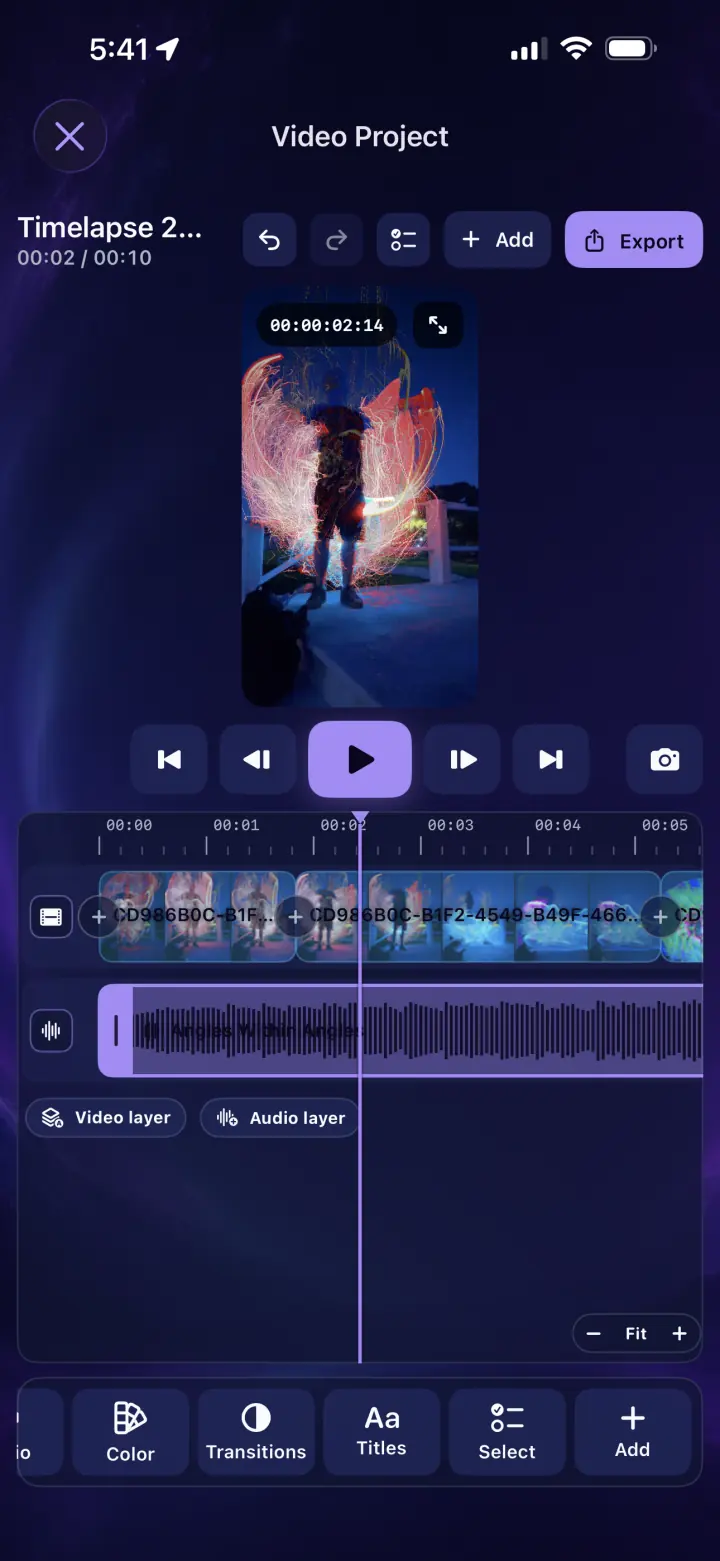 LightPaint layered video and audio timeline