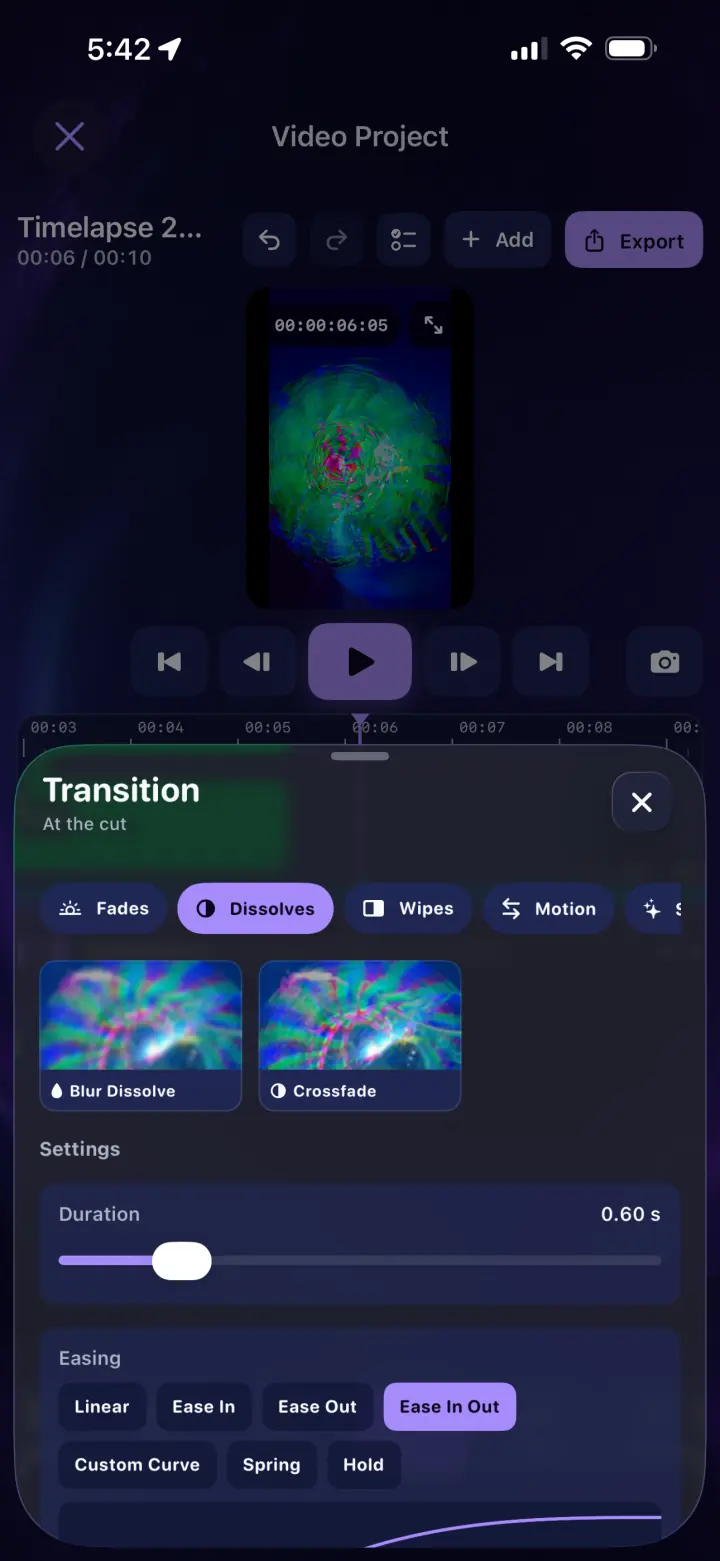 LightPaint transition browser with duration and easing