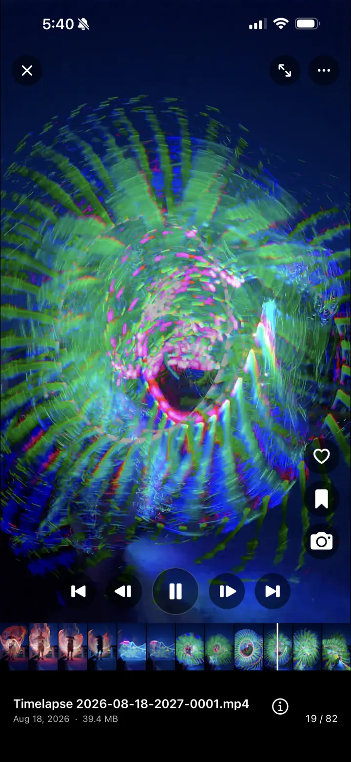 LightPaint video playback with a frame filmstrip and transport controls