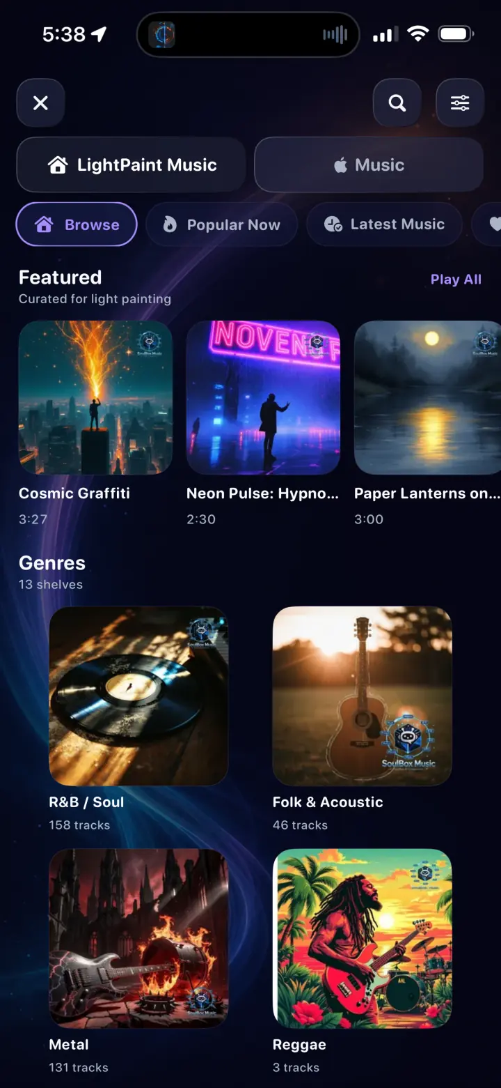 LightPaint Music browse page with featured tracks and genre shelves
