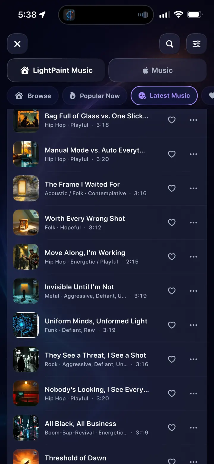 LightPaint Music latest releases list with favorite controls