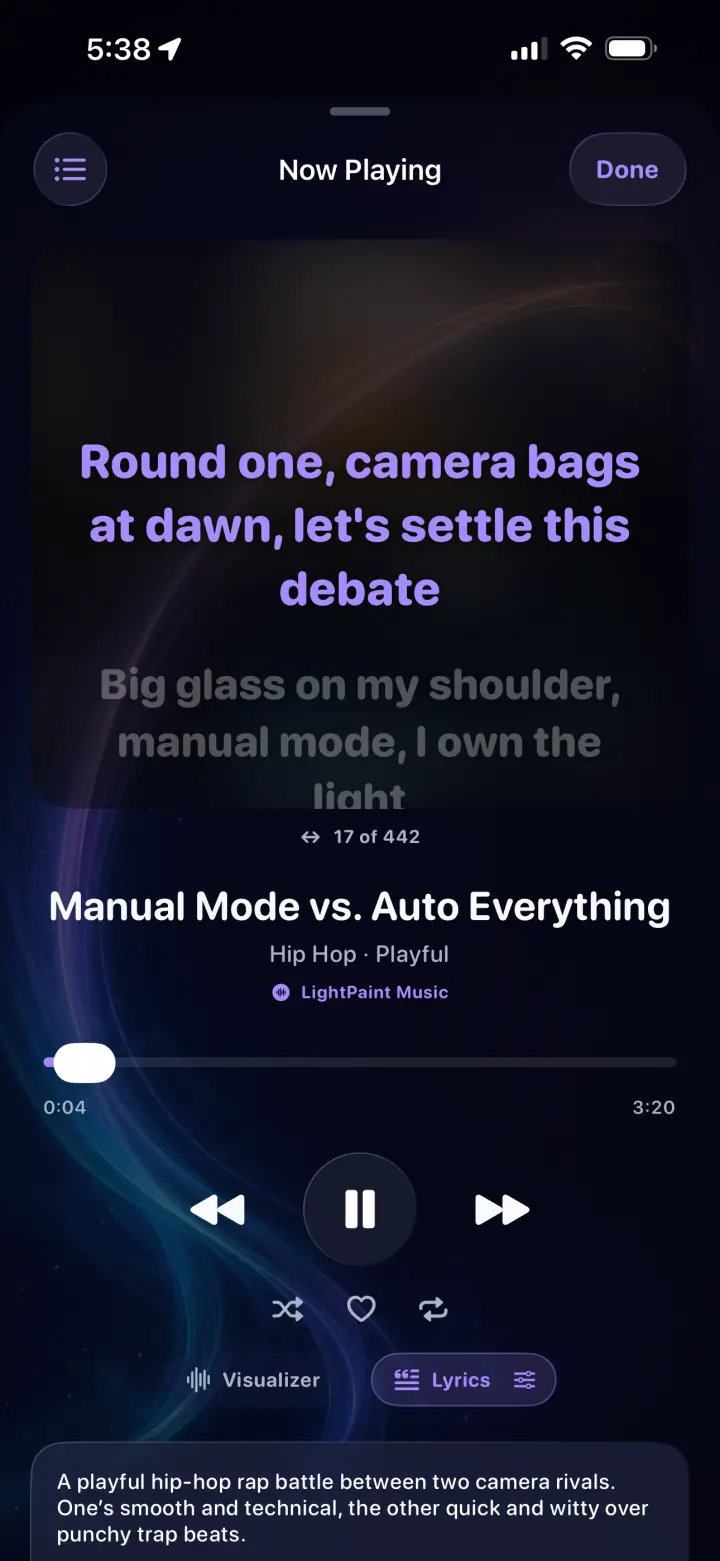 LightPaint Now Playing synchronized lyrics view