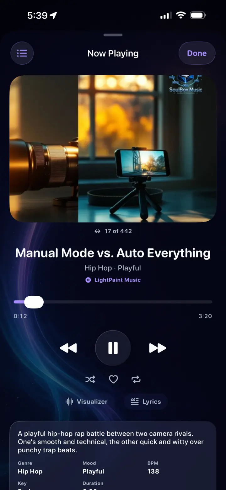 LightPaint Now Playing screen with album artwork and playback controls
