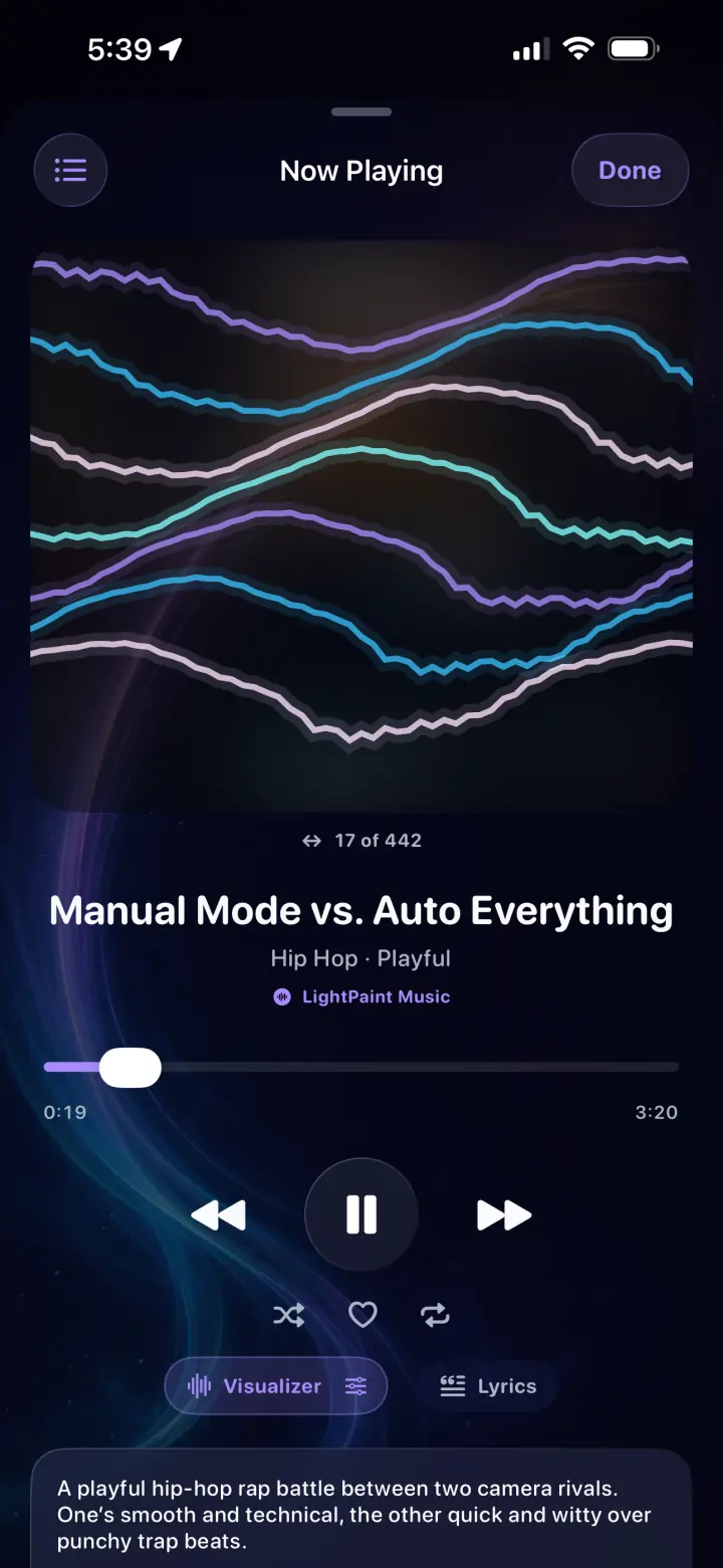 LightPaint Now Playing animated waveform visualizer