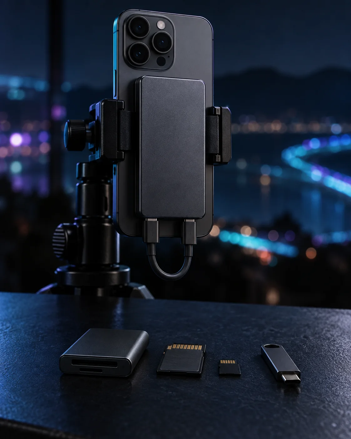 A tripod-mounted iPhone connected directly to a slim external SSD beside a USB-C card reader and memory cards
