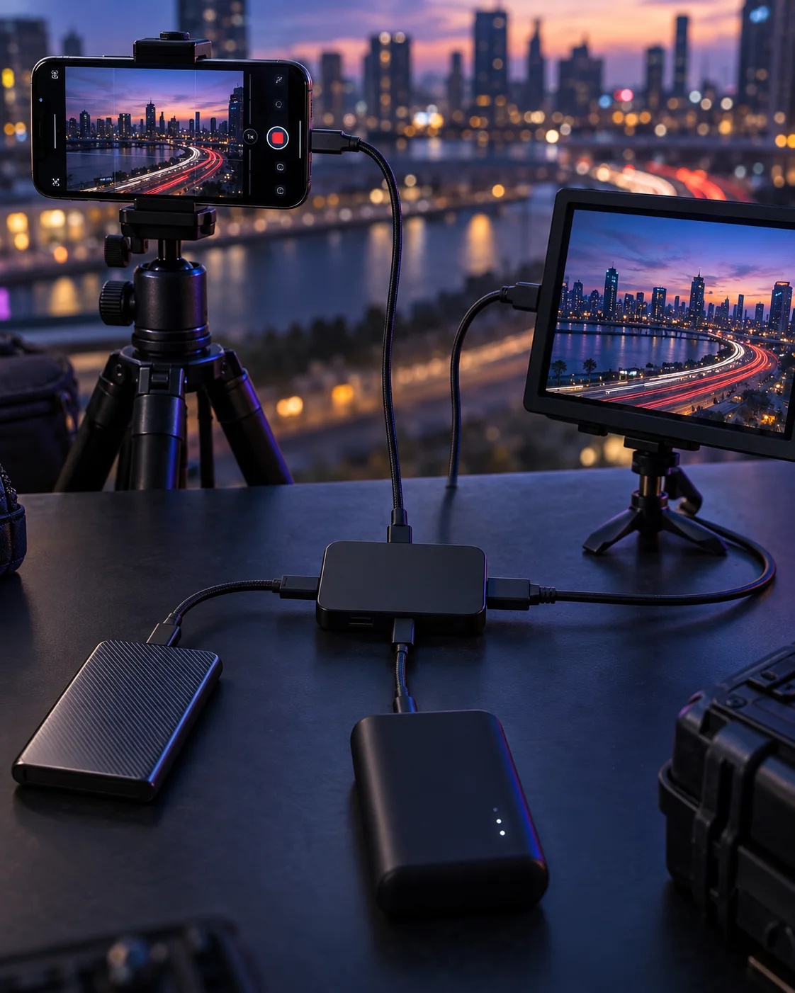 An iPhone camera rig connected through a black powered USB-C hub to external storage and an HDMI monitor