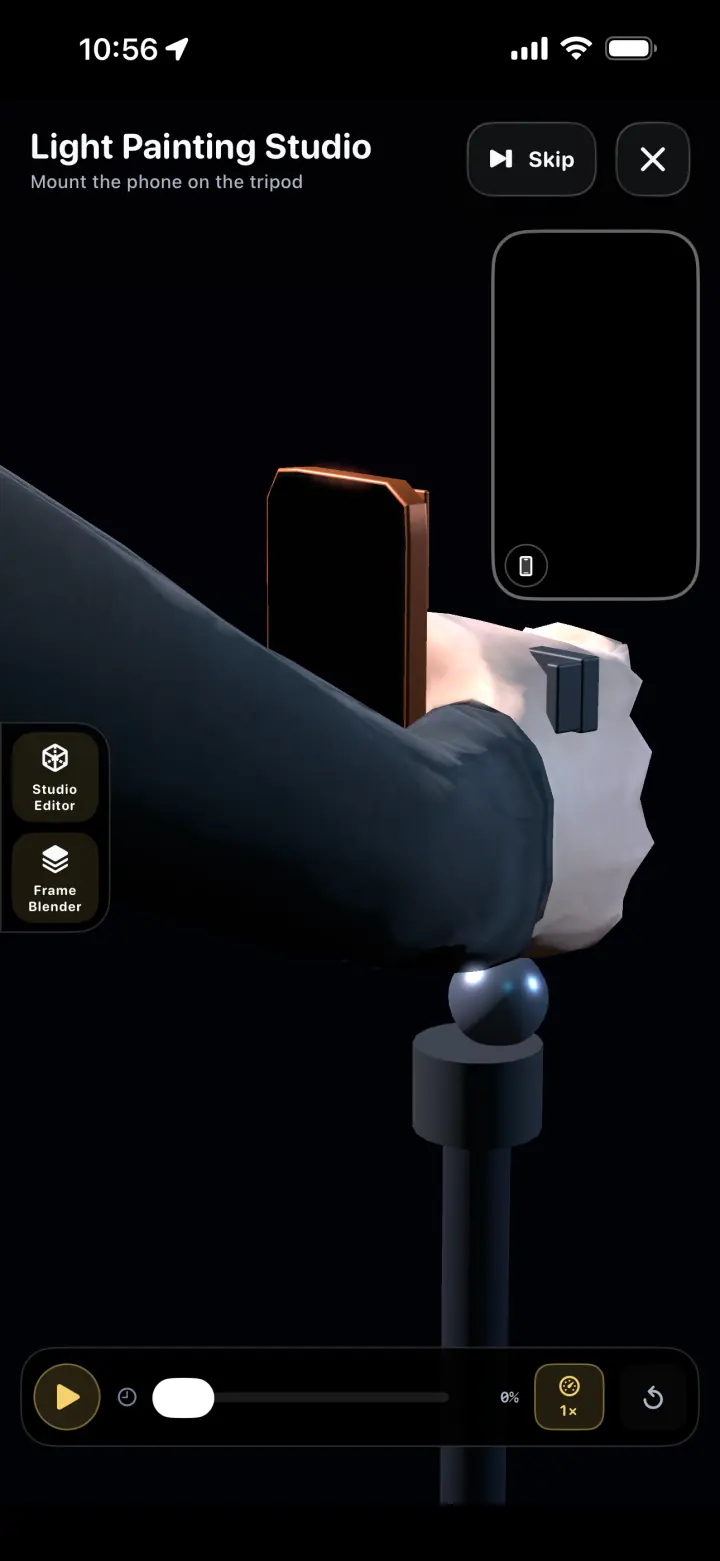 Close view of the 3D performer mounting a phone in the tripod clamp